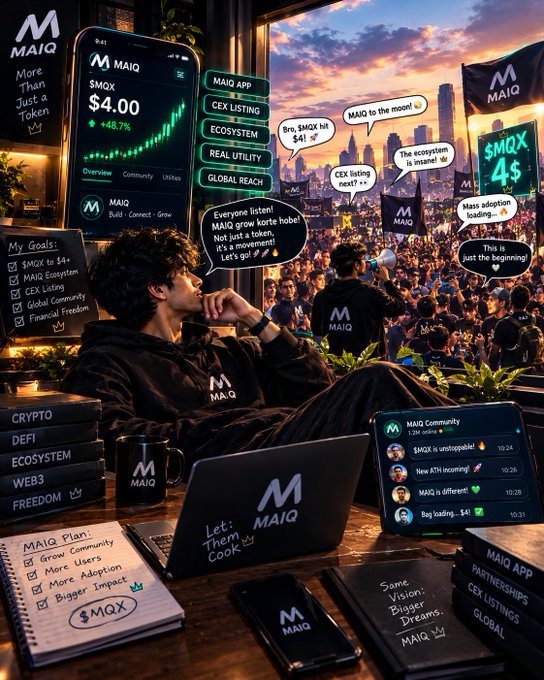 A promotional image for the MAIQ cryptocurrency project featuring a man relaxing while looking at phones displaying the MAIQ app, with $MQX token info and various promotional text bubbles.