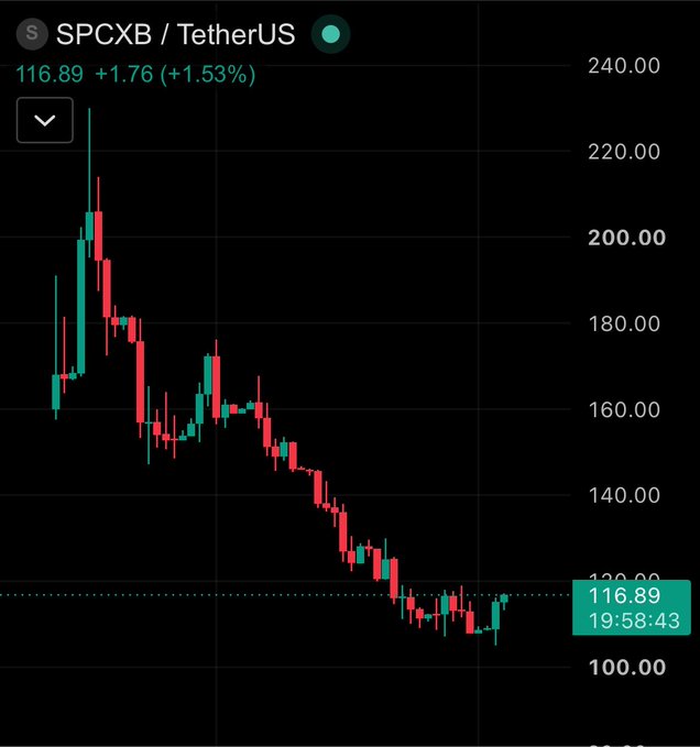 A cryptocurrency trading chart showing SPCXB/TetherUS at 116.89 (+1.76, +1.53%) with a downward price trend from approximately 240.00 to 116.89, timestamped 19:58:43.