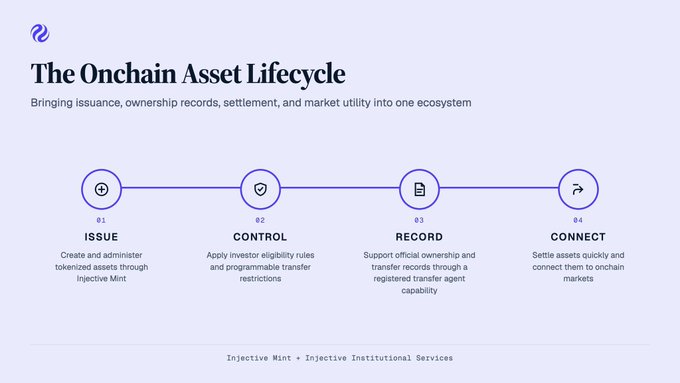 An infographic titled 'The Onchain Asset Lifecycle' showing four steps: 01 ISSUE, 02 CONTROL, 03 RECORD, and 04 CONNECT, from Injective Mint.