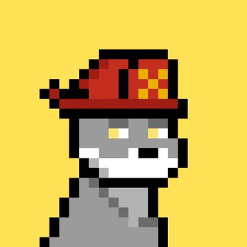 A pixel art character with gray skin, yellow eyes, a white mustache, and a red cap with yellow dots, set against a solid yellow background.