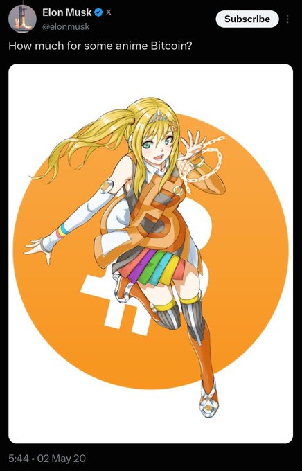 A tweet from Elon Musk (@elonmusk) asking 'How much for some anime Bitcoin?' featuring an anime character with blonde pigtails and a Bitcoin logo dress on an orange circle.