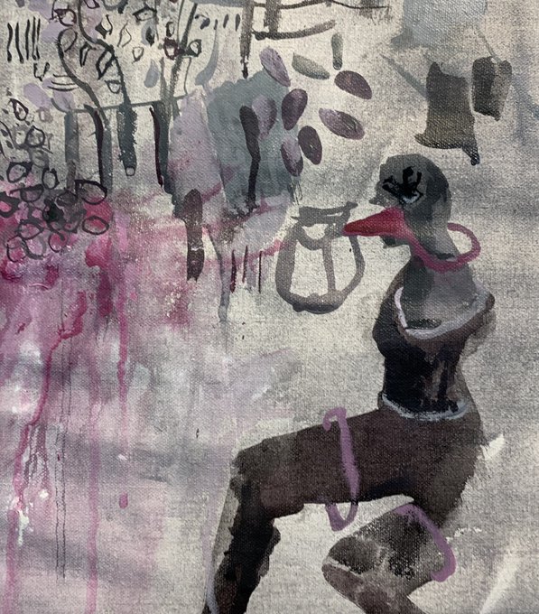 An expressive mixed-media artwork combining ink illustration and watercolor wash, depicting a stylized figure in dark tones with pink drips and abstract elements.