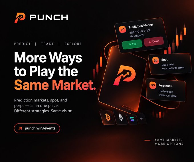 A promotional banner for 'PUNCH' displays 'More Ways to Play the Same Market' with options for Prediction Market, Spot, and Perpetuals, along with the URL 'punch.win/events'.