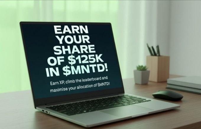A laptop on a desk displays an ad reading 'EARN YOUR SHARE OF $125K IN $MNTD!' with instructions to 'Earn XP, climb the leaderboard and maximise your allocation of $MNTD!'.