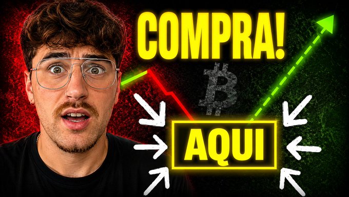 A man with glasses and a surprised expression appears on the left side of a YouTube-style thumbnail, next to a large Bitcoin 'B' logo, a green upward-pointing dashed arrow, and the yellow text 'COMPRA! AQUI' surrounded by white arrows.