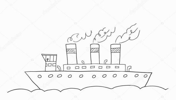 A simple line drawing illustration of a steamship with three smokestacks sailing on wavy water.