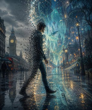 A man walks on a wet city street, surrounded by buildings and trees, with the sky above him filled with floating particles.