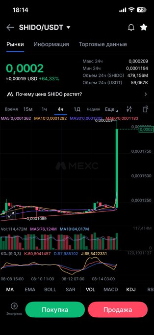 A mobile screenshot of a MEXC cryptocurrency trading chart for the SHIDO/USDT pair, showing a recent massive price spike to 0.0002 USD.