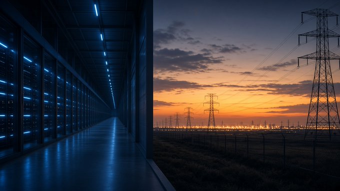 A split image showing a blue-lit data center corridor on the left and power transmission towers against a sunset city skyline on the right.