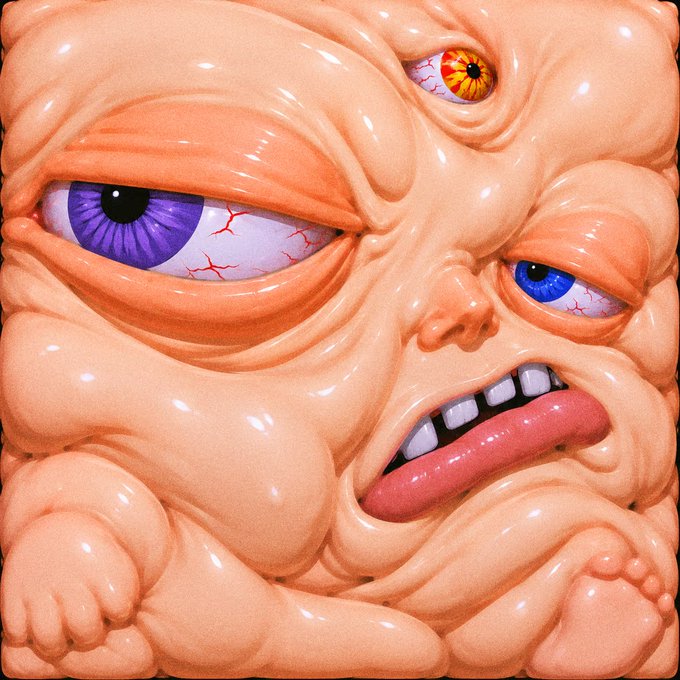 A glossy surreal sculpture of a fleshy humanoid face with multiple colorful eyes, protruding tongue, and distorted limbs.