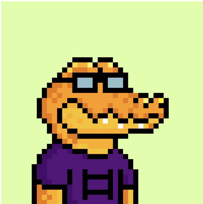A pixel art illustration of an orange reptilian character wearing black sunglasses and a purple shirt against a light green background.