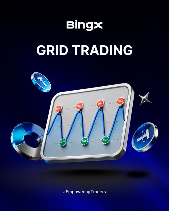 BingX promotional graphic for 'GRID TRADING' featuring a 3D illustration of a chart with alternating buy and sell points, surrounded by cryptocurrency coins, with the hashtag '#EmpoweringTraders'.