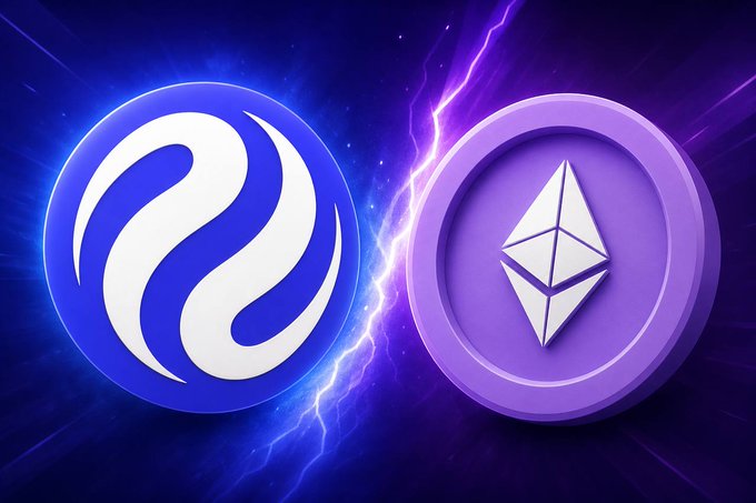 The image shows two cryptocurrency logos side by side against a dramatic purple and blue background with lightning effects: a blue circular emblem with a white swirling design (representing Injective/$INJ) on the left, and the purple Ethereum ($ETH) logo with its iconic diamond shape on the right. This visual juxtaposition supports the post's message by depicting the two chains as competitors, with the lightning between them symbolizing the "showdown" between Ethereum's general-purpose approach and Injective's specialized focus on financial infrastructure.