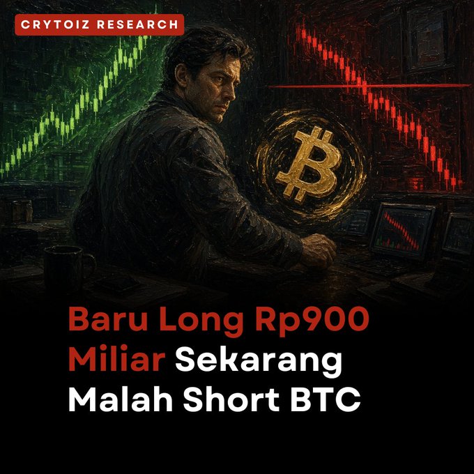 A dark, painted-style image from 'CRYTOIZ RESEARCH' featuring a Bitcoin logo with text 'Baru Long Rp900 Miliar Sekarang Malah Short BTC', depicting a man at a desk with red and green candlestick charts in the background.