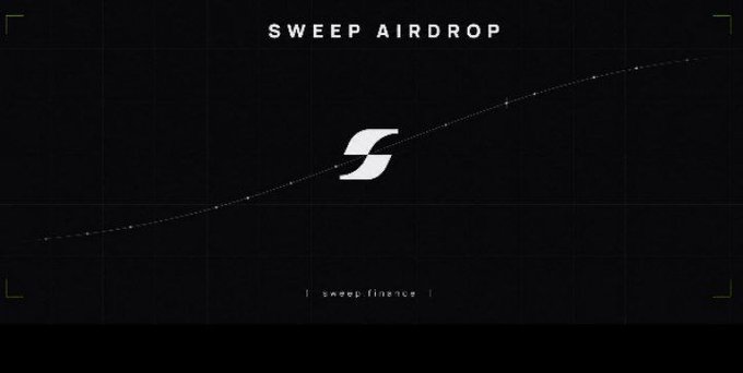 A dark promotional graphic with the heading "SWEEP AIRDROP" at the top and the stylized "S" logo of Sweep Finance in the center, set against a faint orbital trajectory design, and labeled "[ sweep.finance ]" at the bottom. The image visually reinforces the post's call to action for users to register at sweep.finance to claim up to 150 USD in $SWEEP tokens via airdrop.