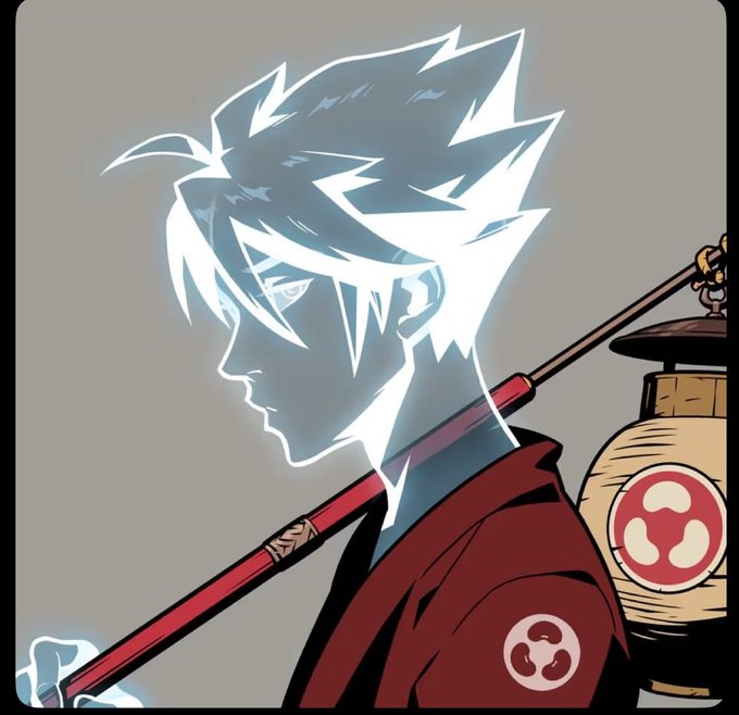 A stylized illustration of a white-haired anime character in a red kimono carrying a lantern, shown in profile against a gray background.