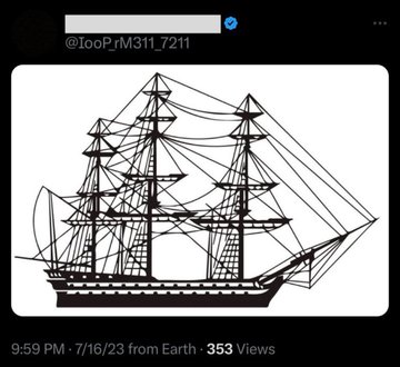 A simple line drawing of a tall, three-masted sailing ship with full rigging, posted by @IooPiM311_7211 at 9:59 PM on 7/16/23 with 353 views. The image's classic "pirate ship" vibe fits the post's nostalgic "throwback" theme tying Ripple XRP and Vanguard to a past reference of "Mr. Pool and Friends."