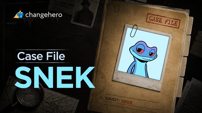 A 'changehero' branded 'Case File SNEK' graphic showing a blue cartoon snake character with red eyes clipped to a manila folder, set against a detective-themed background with old photos and a magnifying glass.