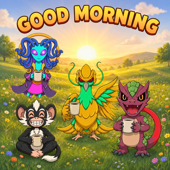 A colorful cartoon illustration with the large text 'GOOD MORNING' above a group of chibi-style monsters and a Medusa-like character holding coffee mugs in a flowery field at sunrise.