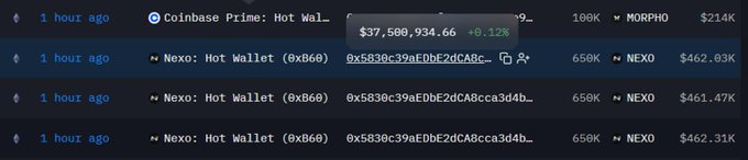 A cryptocurrency transaction history screen showing large transfers, including a Coinbase Prime hot wallet holding $37,500,934.66 and multiple Nexo hot wallet (0xB66...) transfers of approximately $462K in NEXO tokens.