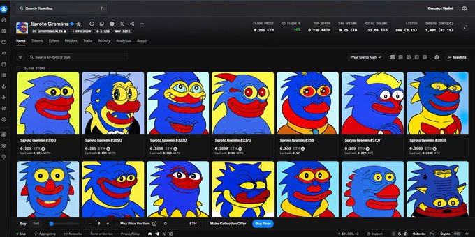 A screenshot of an NFT marketplace collection page titled "Sproto Gremlins" showing a grid of colorful cartoon gremlin characters with blue fur and various features, displaying stats like 0.265 ETH floor price, 12.6K ETH total volume, and items like "Sproto Gremlin #3010."