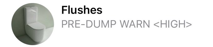 An image of a modern white toilet accompanies the text "Flushes — PRE-DUMP WARN <HIGH>" and the caption "oh boy," suggesting a humorous pre-bowel-movement warning system alert, playfully treating the toilet flush like a sports betting or weather advisory.