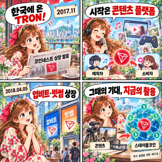 A four-panel Korean illustrated comic about TRON cryptocurrency, mentioning dates '2017.11' and '2018.04.05' along with Korean text.