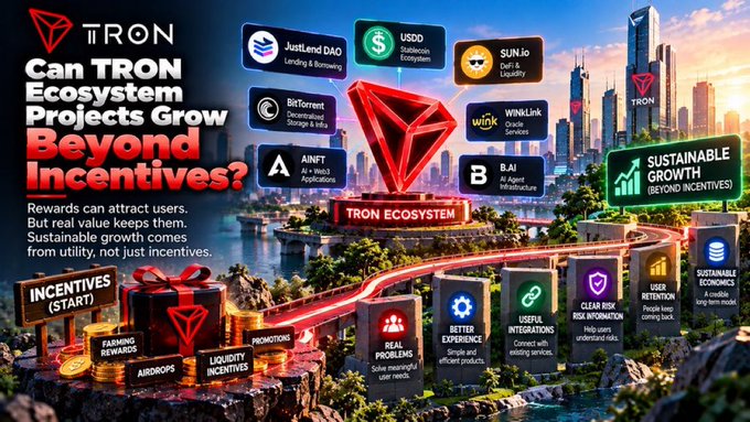 An infographic titled 'Can TRON Ecosystem Projects Grow Beyond Incentives?' showing various crypto projects connected to a central TRON diamond logo, transitioning from incentives to sustainable growth.