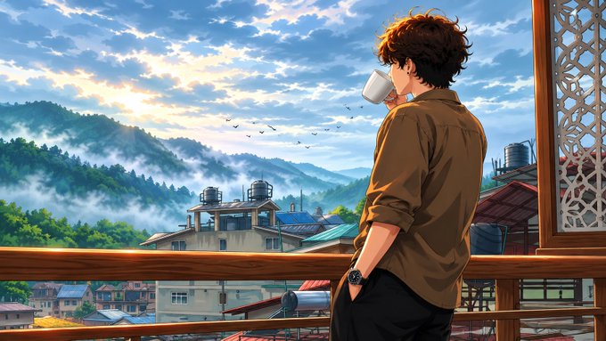 An anime-style illustration of a young man with brown hair holding a coffee mug, standing on a balcony overlooking a misty mountain village at sunrise.
