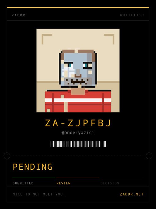 A digital whitelist card from ZADDR features a pixelated portrait of a character with the ID 'ZA-ZJPFBJ' and handle '@onderyazici', with a 'PENDING' status for review.