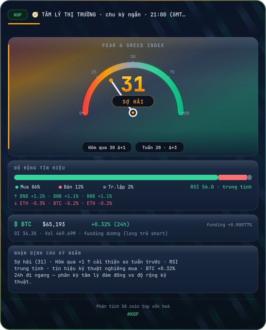 A Fear & Greed Index dashboard in Vietnamese showing a score of 31 (SỢ HÃI meaning 'Fear'), with market analysis indicating neutral RSI at 56.0 and BTC at $65,193.