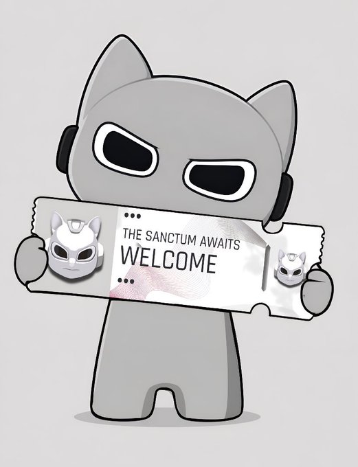 A grayscale cartoon mascot with cat-like ears and dark sunglasses holds a ticket reading "THE SANCTUM AWAITS WELCOME," illustrating the rollout of new Sanctum invites for genuine contributors to the Initiates community.

The image visually reinforces the post's announcement about distributing Sanctum invites, with the ticket's "The Sanctum Awaits" message directly symbolizing the upcoming access for active Initiates members.