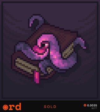 Pixel art of a purple tentacled book monster, displayed in an in-game menu marked "SOLD" with the text "@rd" and "0.0025 $277".
