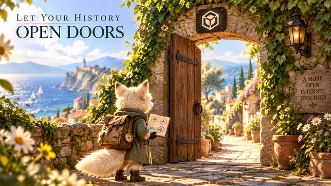 A fantasy illustration showing a white fox with a backpack standing before an open wooden door leading to a Mediterranean coastal town, with text reading 'LET YOUR HISTORY OPEN DOORS' and 'A MORE OPEN INTERNET TOGETHER' alongside a cube logo.