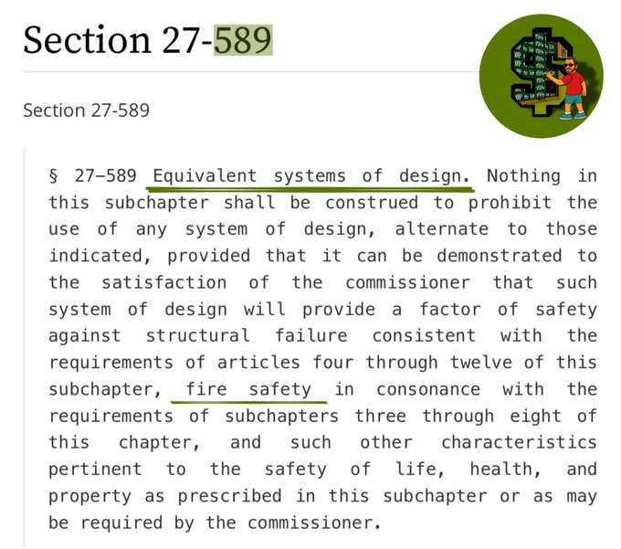 This image displays NYC Building Code §27-589, which discusses "Equivalent systems of design." The text under the heading explains how alternate systems can be approved if they provide equivalent safety, such as fire safety.