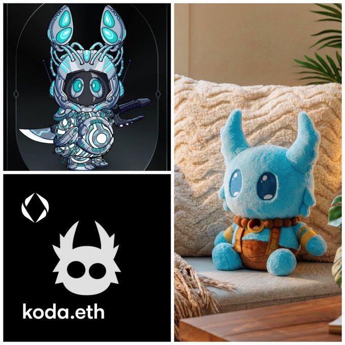 A collage showing an illustration of a futuristic blue bunny, a logo reading 'koda.eth', and a photograph of a corresponding blue plush toy.