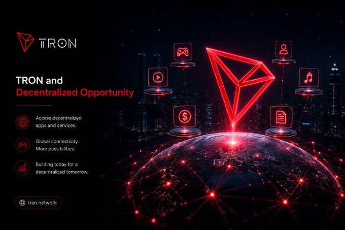 A promotional graphic for TRON cryptocurrency titled 'TRON and Decentralized Opportunity' features the red TRON logo and icons representing gaming, streaming, social, finance, documents, and music.