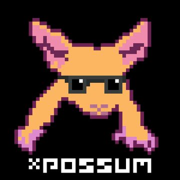 A pixel art image of an orange creature wearing sunglasses above the text 'xPOSSUM' on a black background.