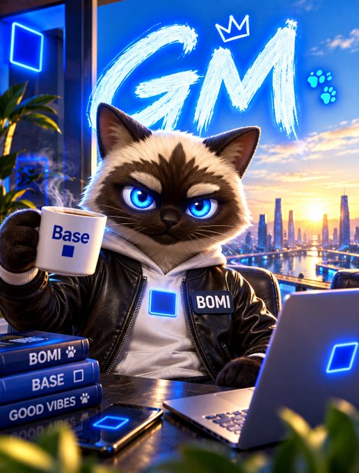 A digital artwork of a siamese cat with blue eyes wearing a leather jacket and hoodie, holding a 'Base' mug, with a graffiti 'GM' and crown above, alongside 'BOMI' and 'BASE' branded items.