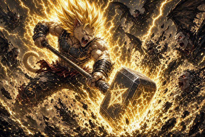 A fantasy artwork of a muscular, anthropomorphic monkey warrior with spiky golden hair wielding a massive hammer, surrounded by crackling yellow lightning and shadowy demonic figures.