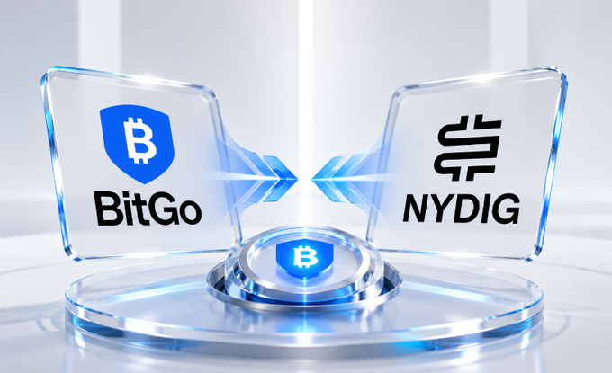 A 3D graphic showing glass panels with the BitGo logo and the NYDIG logo facing each other with arrows between them, and a Bitcoin coin in the center.