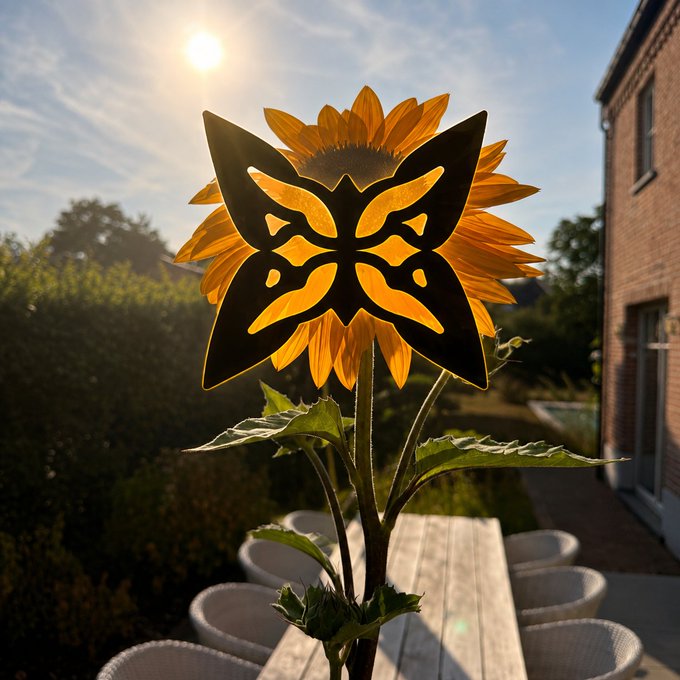 A sunflower-shaped metal garden ornament silhouetted against a sunset in a backyard patio setting.