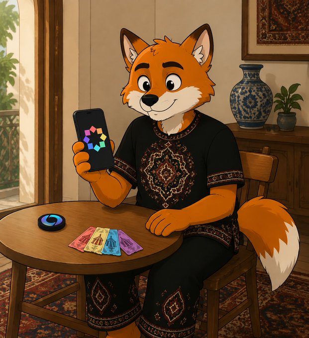 An illustrated anthropomorphic fox character wearing traditional patterned clothing, sitting at a wooden table and holding a smartphone.