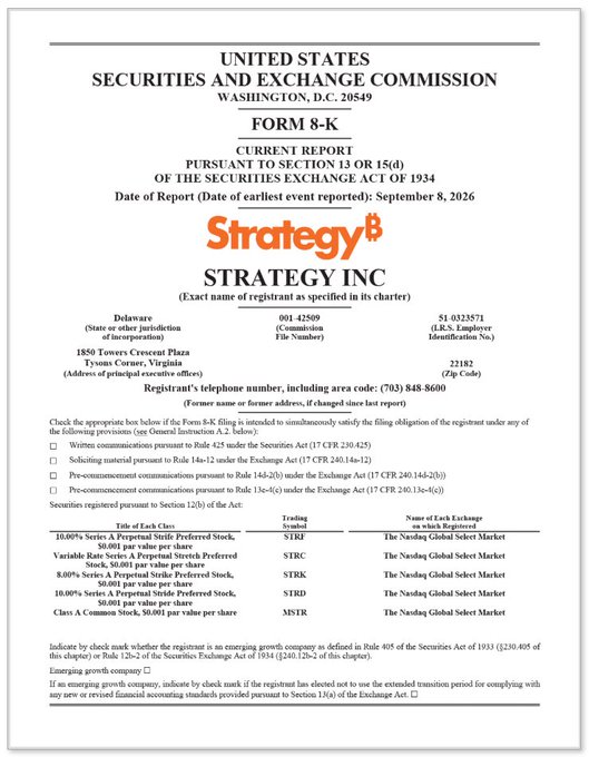 SEC Form 8-K Current Report filing for Strategy Inc (formerly MicroStrategy), dated September 8, 2026, listing their STRK, STRC, STRD, and MSTR securities on Nasdaq.