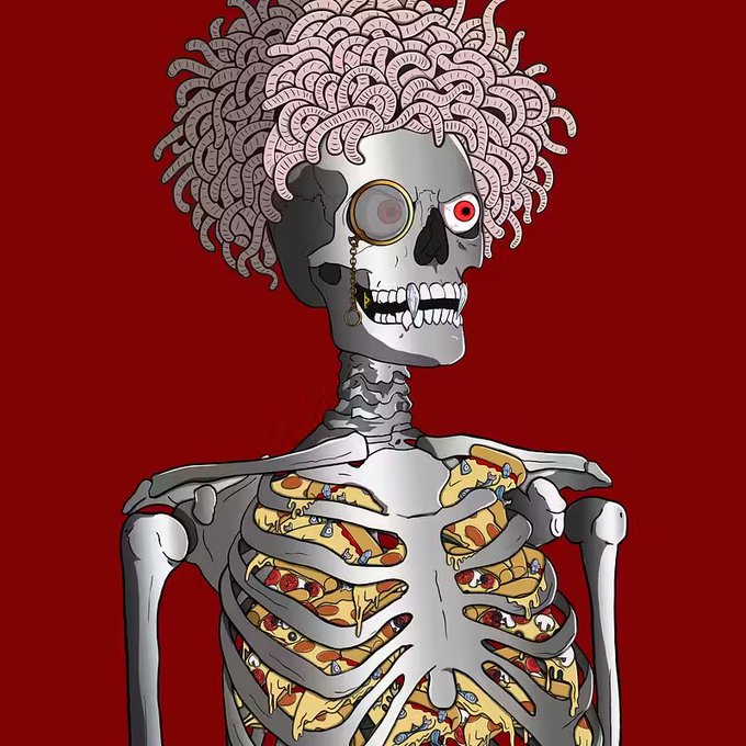 A digital illustration of a skeleton with pink worm-like hair, a monocle, and red eyes on a dark red background, with pizza-like material visible through its ribcage.