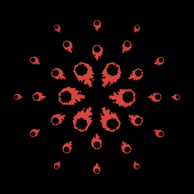 A symmetrical arrangement of red teardrop-shaped icons with black centers, radiating outward in a circular pattern against a black background.