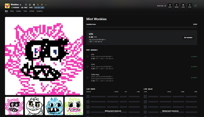 A screenshot of the Wonkies NFT mint page on Minting.Wonkies showing the "Mint Wonkies" collection with a 3,000 available supply at 0.005 ETH (≈$15.79), priced at 72.47 ETH per GMT, and displaying four pixel-art character previews in pink, white, blue, and green—corresponding to the post's mention of Sweetoshieth's minting event with a 3,000 supply and 0.005 ETH mint price.
