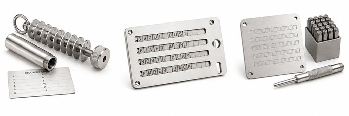 The image displays three metal backup solutions for cryptocurrency seed phrases: a titanium capsule with a screwdriver and recovery word cards on the left, a "BlockPlate" titanium stamping plate with words like "SLOPE," "RIVER," "MORBIUS," and "EMBER" stamped in the center, and a metal letter punch set with stamping plates and a punch tool on the right.

These products relate to the post's warning about securing cryptocurrency seed phrases in durable metal storage like titanium, while cautioning that even the best physical backup system cannot protect against underlying vulnerabilities in the seed generation process itself.