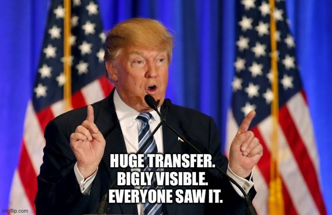 A meme of Donald Trump with the text "HUGE TRANSFER. BIGLY VISIBLE. EVERYONE SAW IT." is used to reference a recent public movement of 2,600+ BTC by Trump Media.