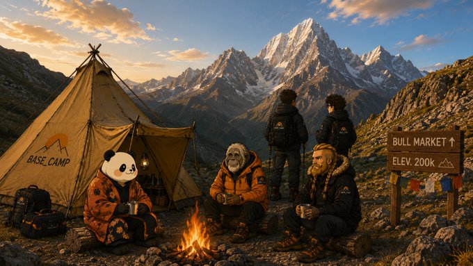 A panda in an orange jacket sits around a campfire with three people at base camp near a wooden sign reading 'BULL MARKET ELEV: 200K' against a mountainous backdrop.